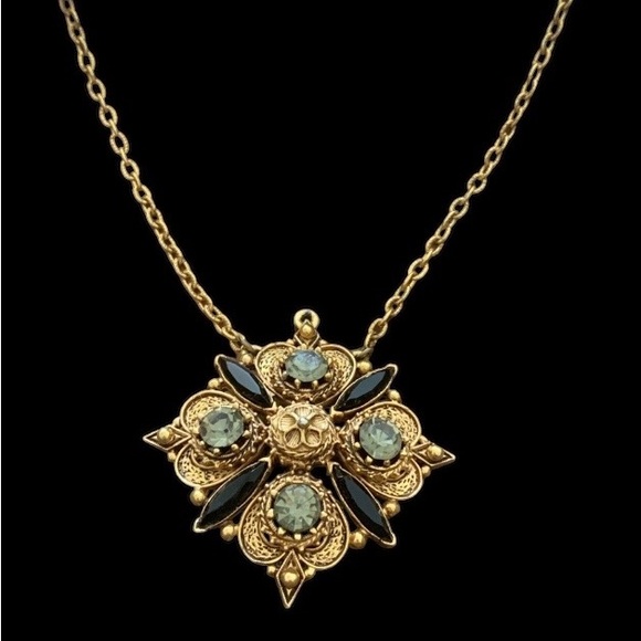 Florenza Vintage Estate Gray & Black Stone Gold Tone Ornate Designer Necklace - Picture 5 of 9